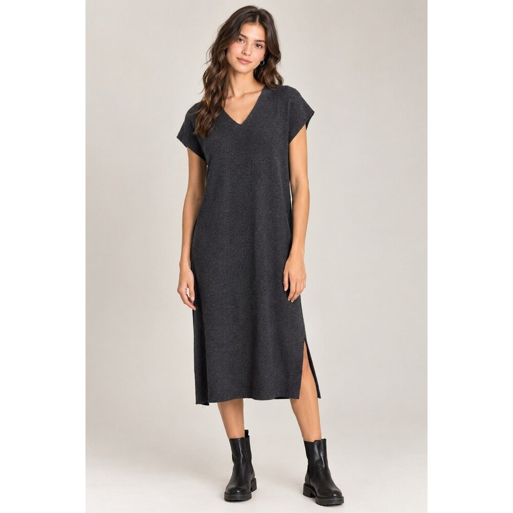 Eileen Fisher Merino Rib V-Neck Dress 100% Wool 1X Lagenlook NWOT charcoal Gray